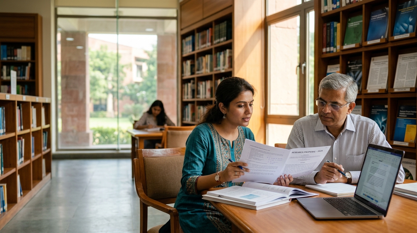 Indian PhD scholar and professor reviewing research documents in a university library